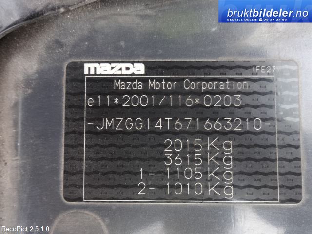 Mazda 6 2002-2008 (Type I) , Motorkode: RF, Girkassekode: 5241851