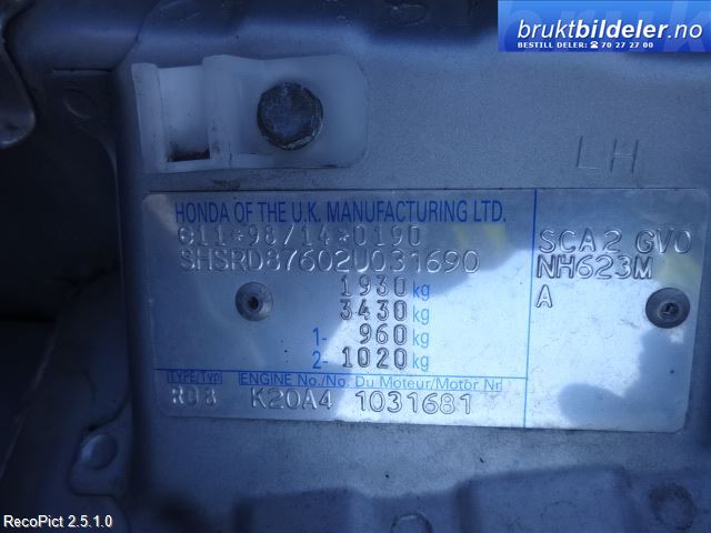Honda CR-V 2002-2006 (Type II) , Motorkode: K20A4, Girkassekode: Z2M1