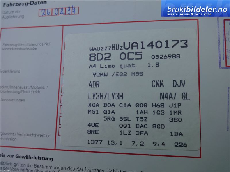 Audi A4 1995-1999 (Type I, Fase 1) (B5) (B5), Motorkode: ADR, Girkassekode: DJV