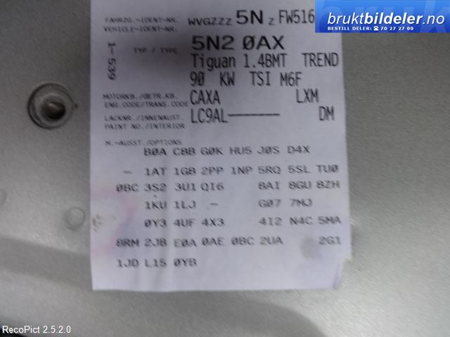 VW Tiguan 2011-2016 (Type I, Fase 2) , Motorkode: CAXA, Girkassekode: LXM
