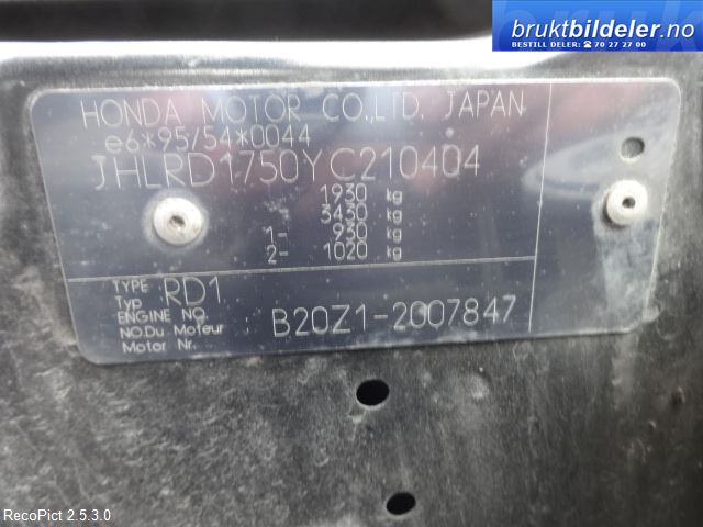 Honda CR-V 1997-2002 (Type I) , Motorkode: B20Z1, Girkassekode: