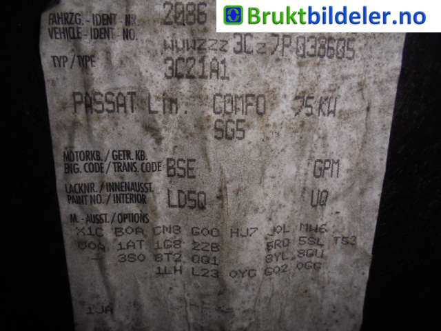 VW Passat 2005-2010 (B6) (B6), Motorkode: BSE;BSF, Girkassekode: GPM