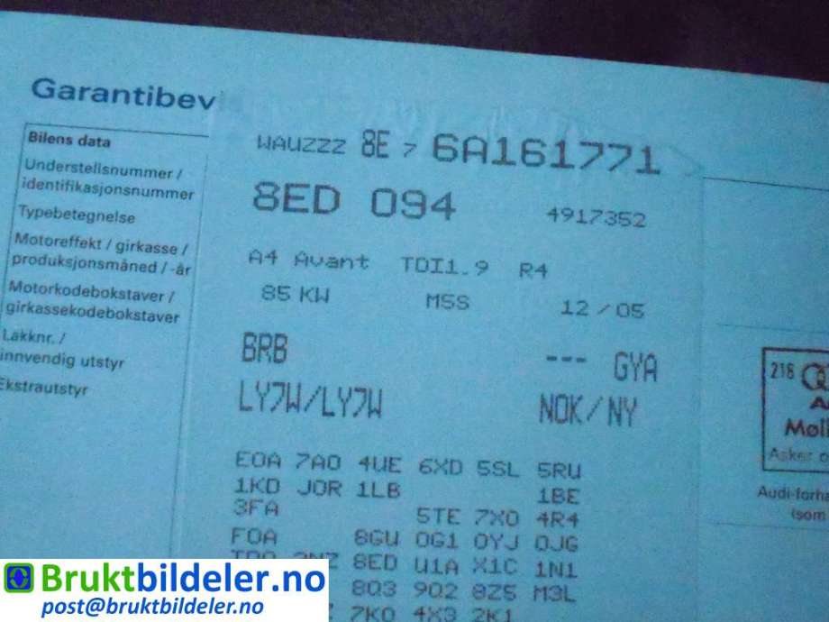 Audi A4 2004-2008 (Type III) (B7) (B7), Motorkode: BKE;BRB, Girkassekode: GYA