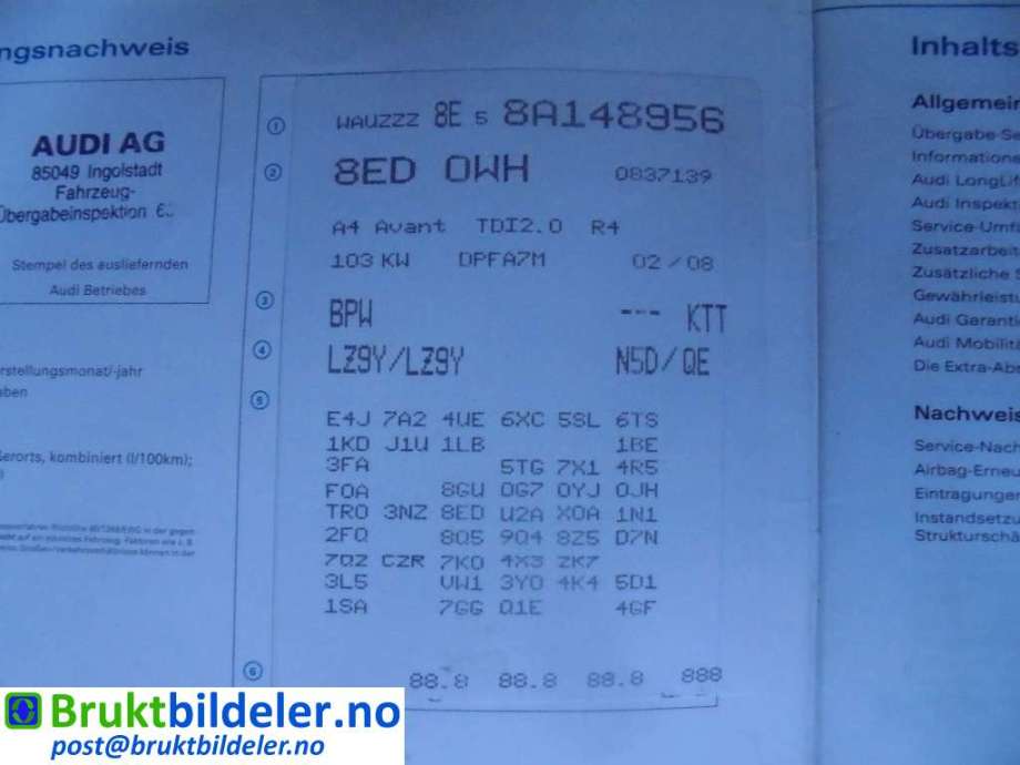 Audi A4 2004-2008 (Type III) (B7) (B7), Motorkode: BPW, Girkassekode: KTT