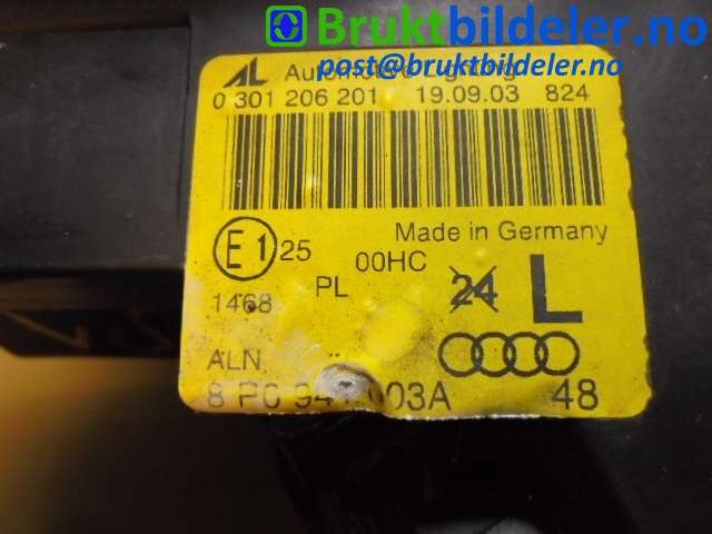 Frontlykt venstre halogen til Audi A3 2003-2008 (Type II, Fase 1)  (AUDI|8P0 941 003 A|0 301 206 201|)