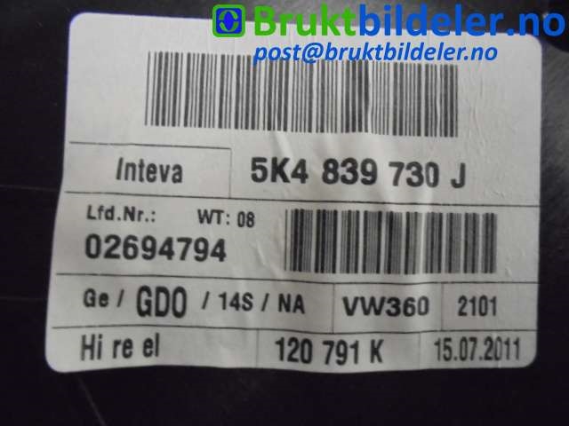 Ruteheis til VW Golf VI 2008-2012  (VOLKSWAGEN|5K1 839 730 J||5K4 839 756 L)