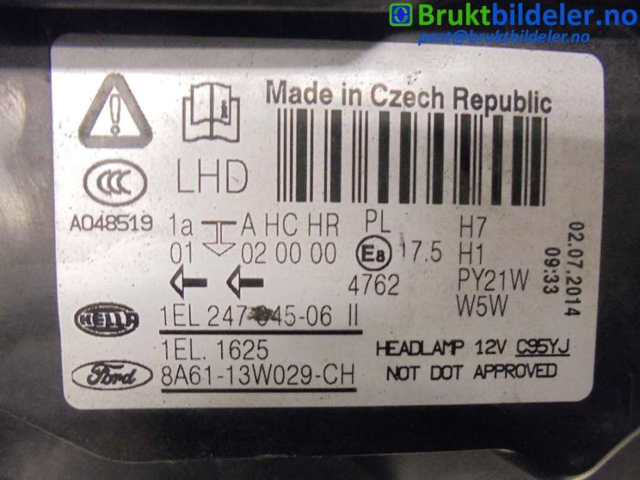 Frontlykt høyre halogen til Ford Fiesta 2008-2012 (Type VI, Fase 1) (FORD|8A61-13W029-CH|)