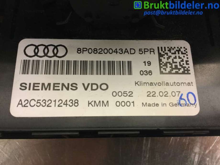 Varmeapparat betjening til Audi A3 2003-2008 (Type II, Fase 1)  (AUDI|8P0 820 043 AD|A2C53212438|)