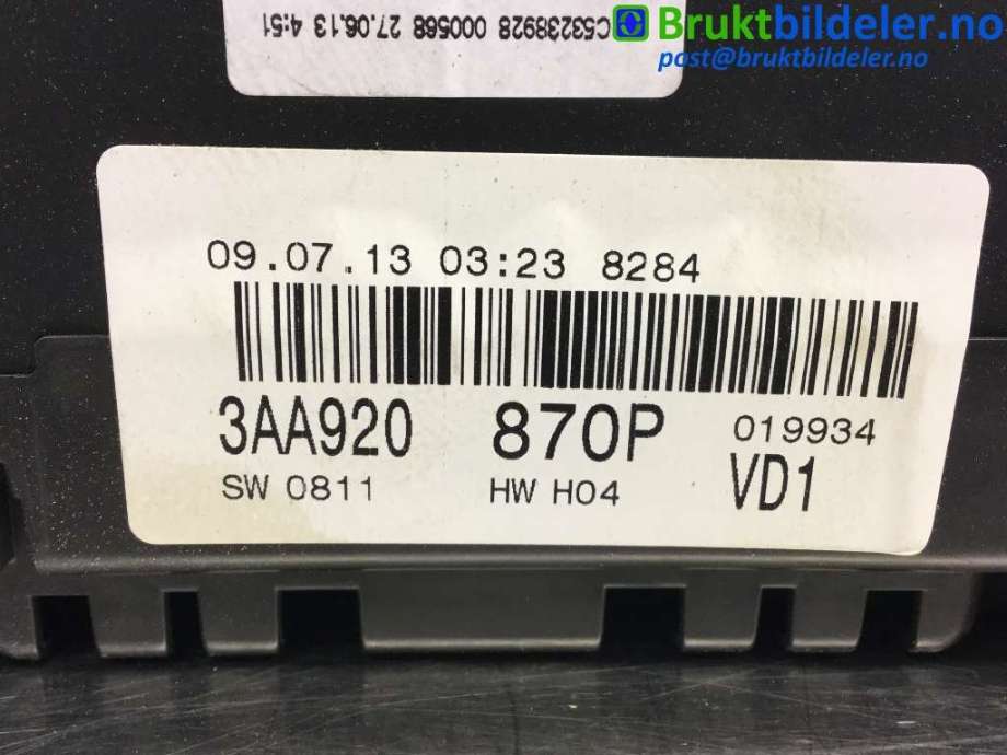 Instrumentpanel til VW Passat 2011-2015 (B7) (B7) (VOLKSWAGEN|3AA 920 870 P|)