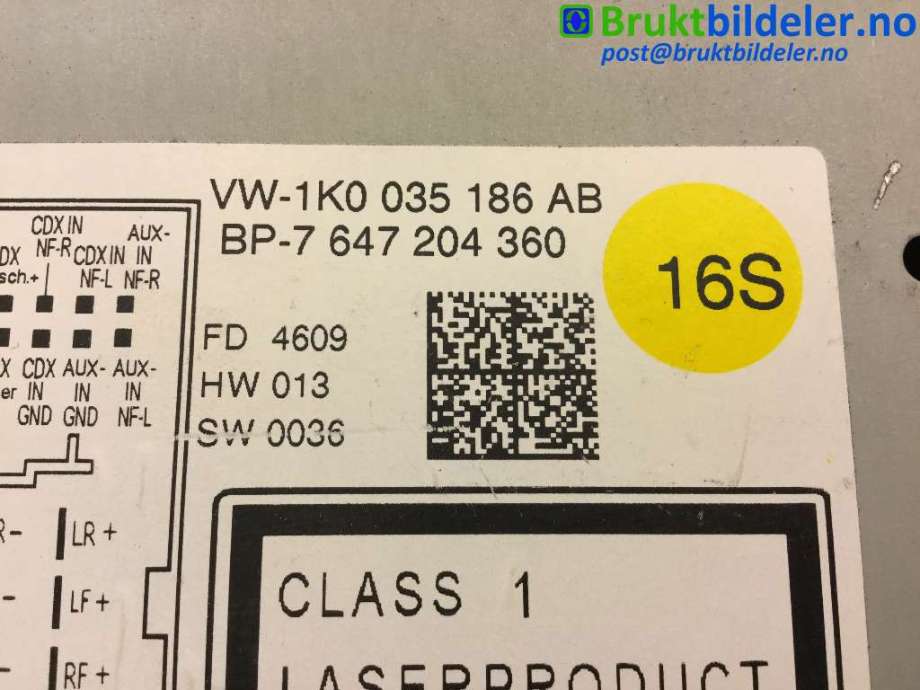 Bilstereo til VW Golf VI 2008-2012  (VOLKSWAGEN|1K0 035 186 AB|7 647 204 360|)