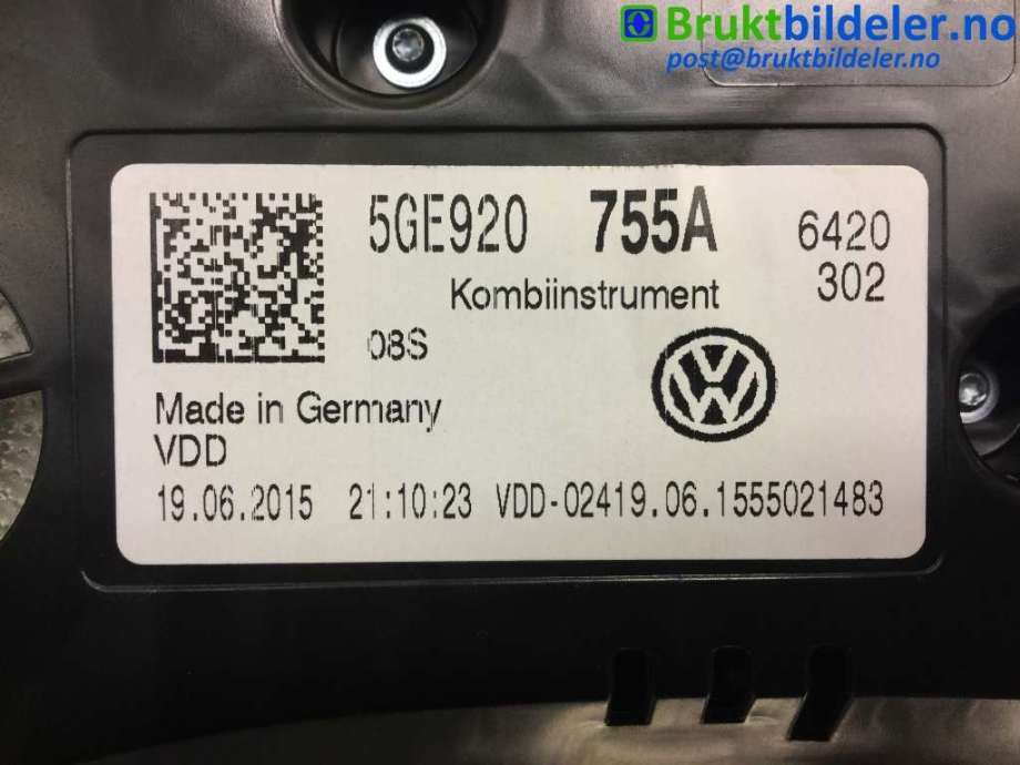 Instrumentpanel til VW e-Golf 2014-2017 (Fase 1)  (VOLKSWAGEN|5GE 920 755 A|)