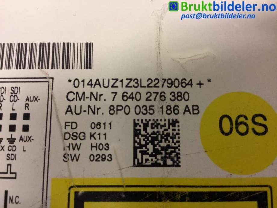 Bilstereo til Audi A3 2009-2012 (Type II, Fase 2) (AUDI|8P0 035 186 AB|7 640 276 380|)