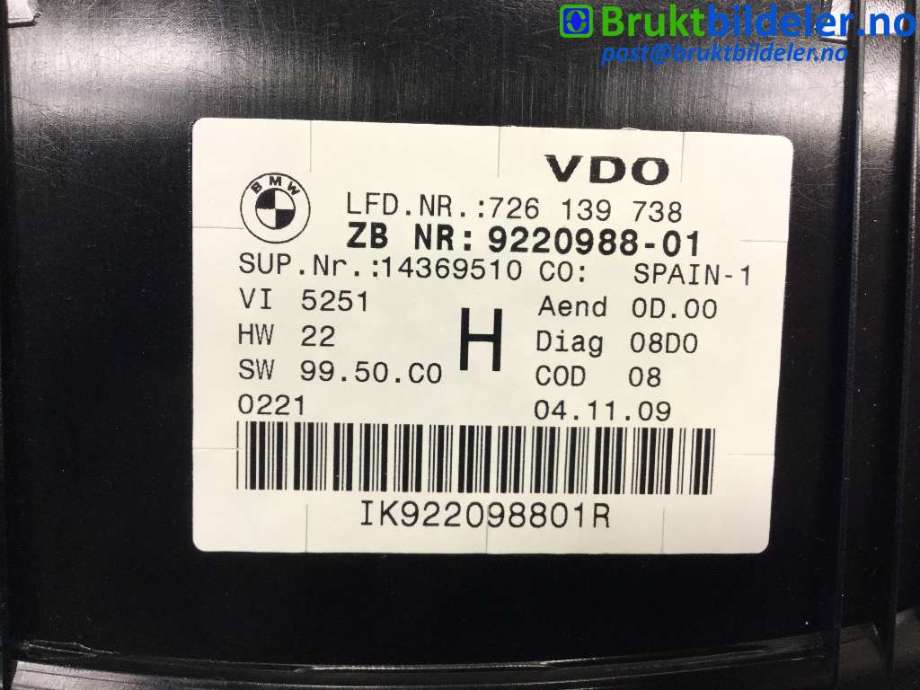Instrumentpanel til BMW X1 2009-2015 (E84) (E84) (BMW|9 220 988-01|726 139 738|)