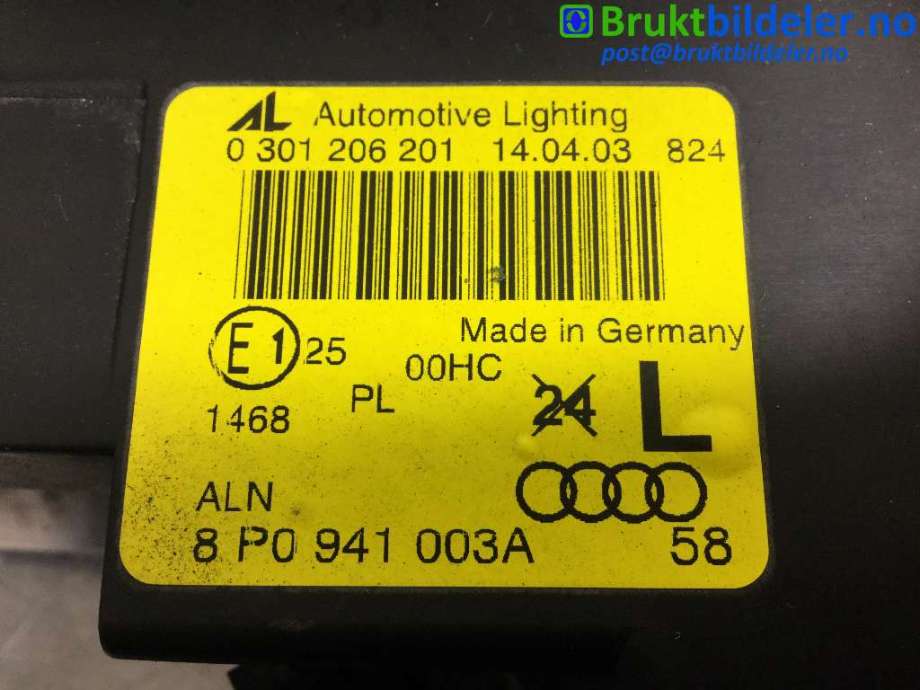 Frontlykt venstre halogen til Audi A3 2003-2008 (Type II, Fase 1)  (AUDI|8P0 941 003 A|0 301 206 201|)