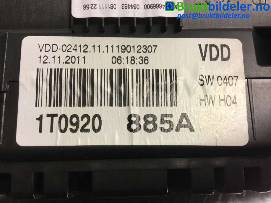 Instrumentpanel til VW Touran 2010-2015 (Type I, Fase 3) (VOLKSWAGEN|1T0 920 885 A|)