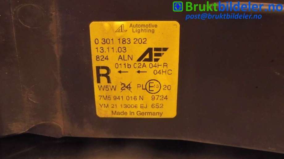 Frontlykt høyre halogen til Ford Galaxy 2001-2006 (Type II) (FORD|0 301 183 202|)