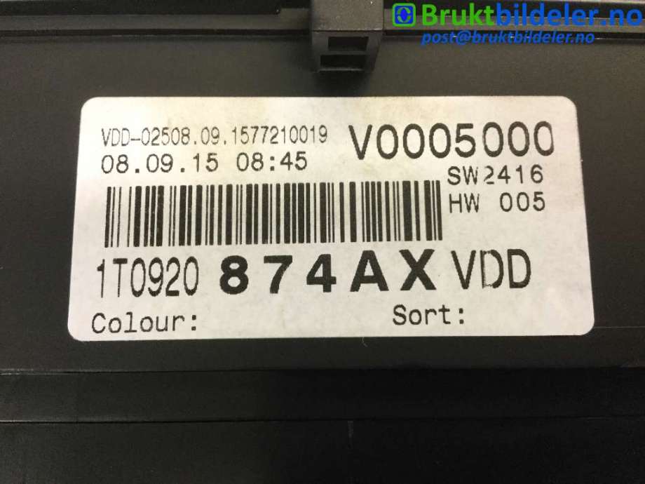 Instrumentpanel til VW Touran 2007-2010 (Type I, Fase 2)  (VOLKSWAGEN|1T0 920 874 AX|)