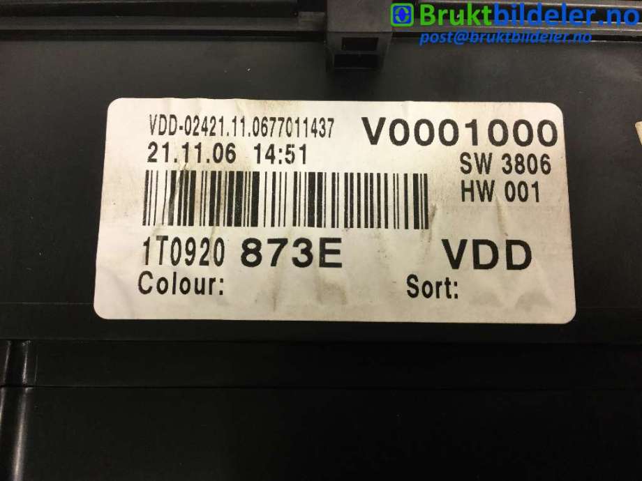 Instrumentpanel til VW Touran 2007-2010 (Type I, Fase 2)  (VOLKSWAGEN|1T0 920 873 E|)
