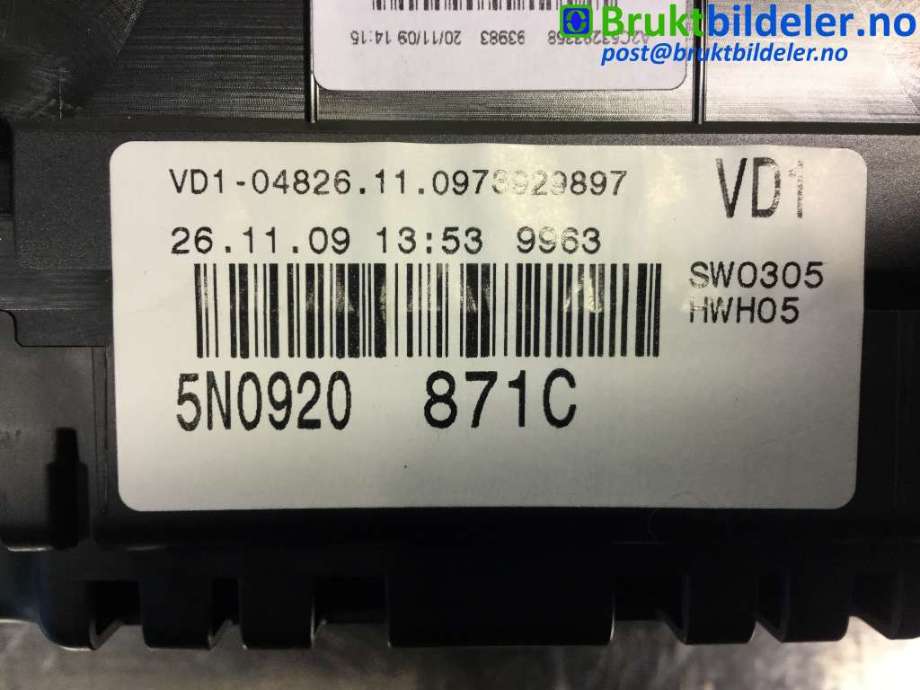 Instrumentpanel til VW Tiguan 2007-2011 (Type I, Fase 1)  (VOLKSWAGEN|5N0 920 871 C|)