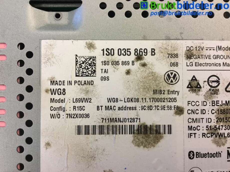 Bilstereo til VW E-Up 2013-2019  (VOLKSWAGEN|1S0 035 869 B|1S0 907 044|)