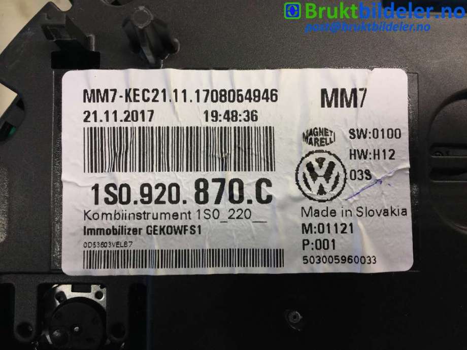 Instrumentpanel til VW E-Up 2013-2019  (VOLKSWAGEN|1S0 920 870 C|)