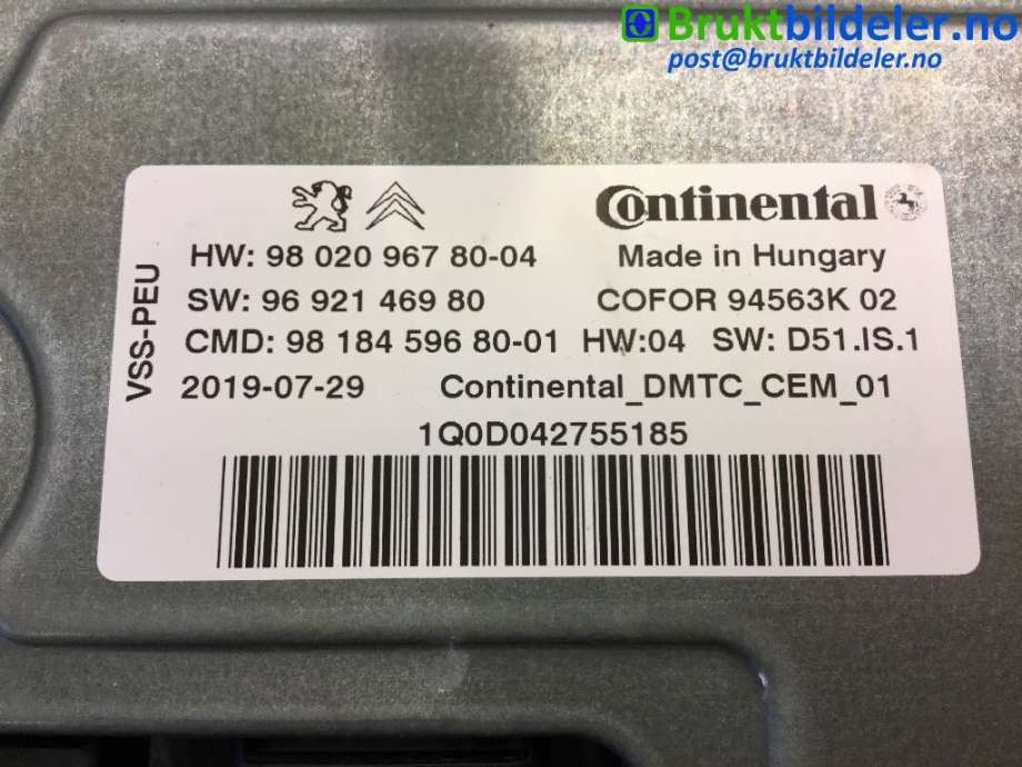 Styreenhet tenning til Peugeot 5008 2017-->> (Type II)  (PEUGEOT|98 020 967 80-04|)