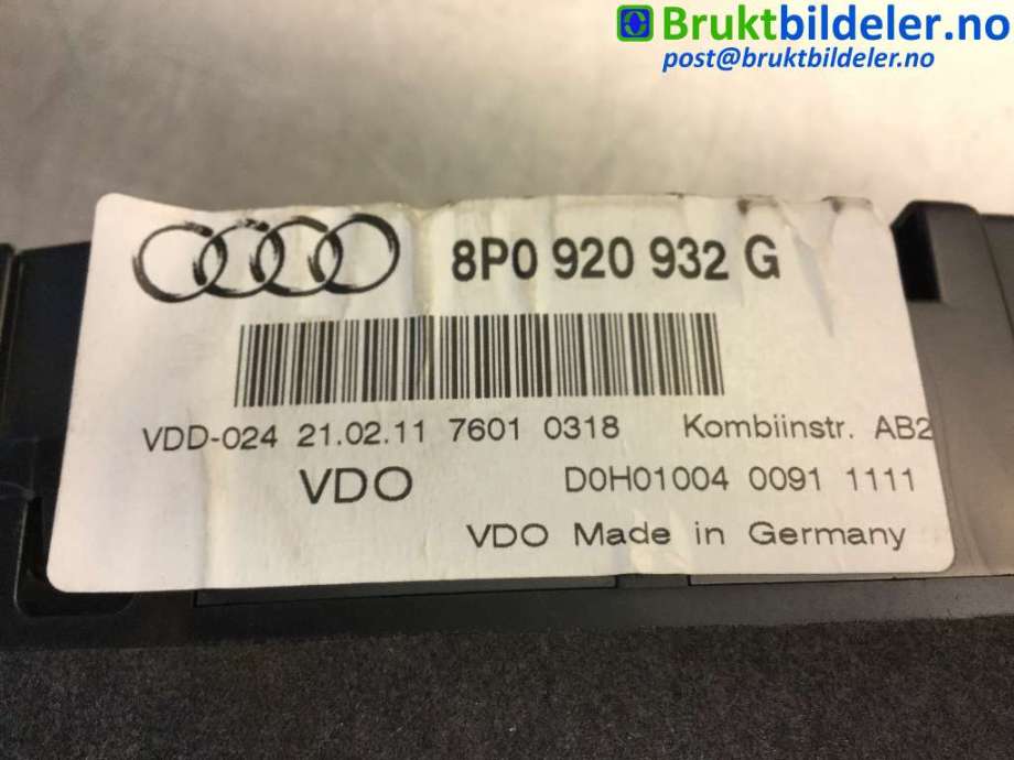 Instrumentpanel til Audi A3 2009-2012 (Type II, Fase 2)  (AUDI|8P0 920 932 G|)