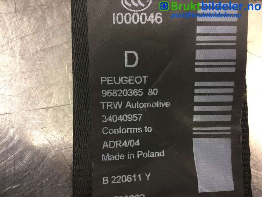 Sikkerhetsbelte foran høyre til Peugeot 3008 2009-2016 (Type I)  (PEUGEOT|96 820 365 80|34068389F|)