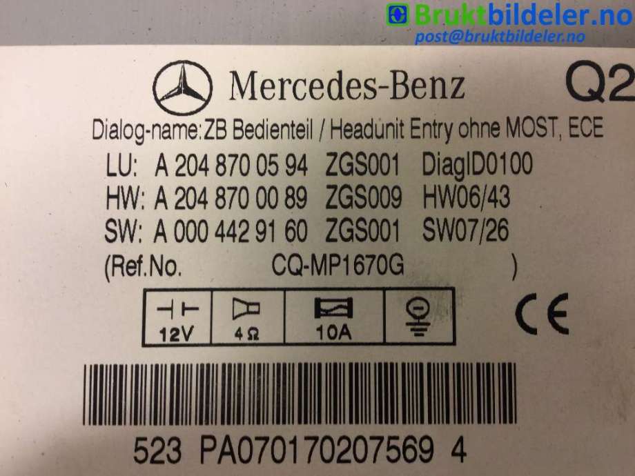 Bilstereo til Mercedes C-Klasse 2007-2011 (Fase 1) (W204) (W204) (MERCEDES|A 204 870 05 94|)