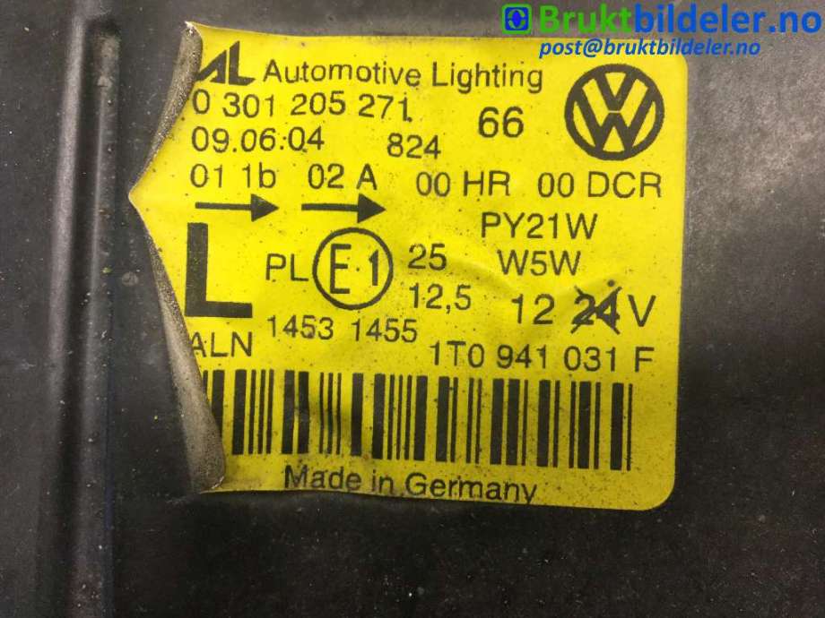 Frontlykt venstre xenon til VW Touran 2003-2006 (Type I, Fase 1)  (VOLKSWAGEN|1T0 941 031 F|0 301 205 271|)