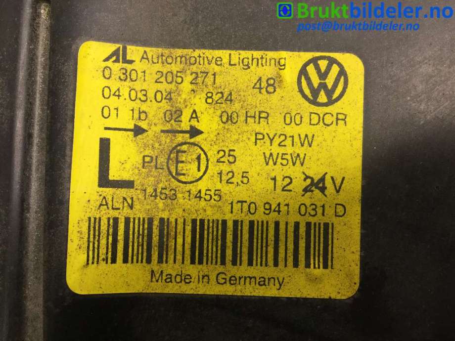 Frontlykt venstre xenon til VW Touran 2003-2006 (Type I, Fase 1)  (VOLKSWAGEN|1T0 941 031 D|0 301 205 271|)