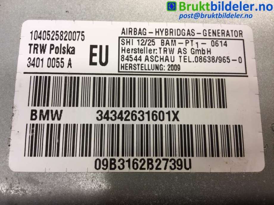 Airbag sidepute høyre til BMW X3 2007-2010 (Fase 2) (E83) (E83) (BMW|34 342631601X|)