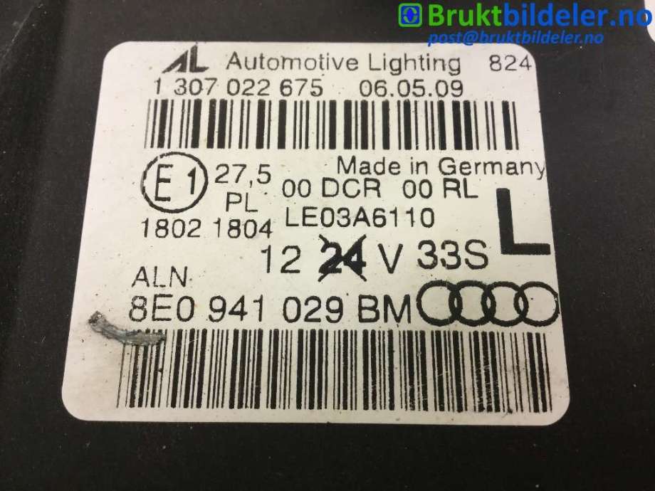 Frontlykt venstre xenon til Audi A4 2004-2008 (Type III) (B7) (B7) (AUDI|8EO 941 029 BM|1 301 022 675|)