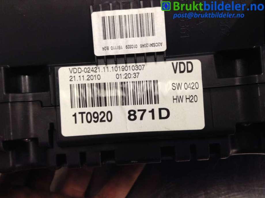 Instrumentpanel til VW Touran 2010-2015 (Type I, Fase 3)  (VOLKSWAGEN|1T0 920 871 D|)