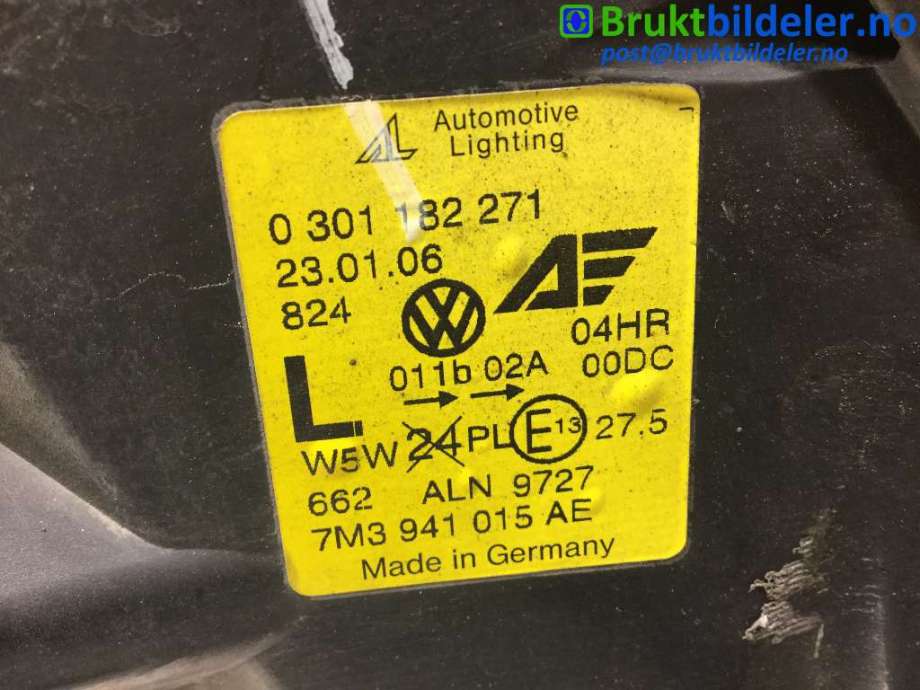 Frontlykt venstre xenon til VW Sharan 2000-2010 (Type I, Fase 2)  (VOLKSWAGEN|7M3 941 015 AE|0 301 182 271|)