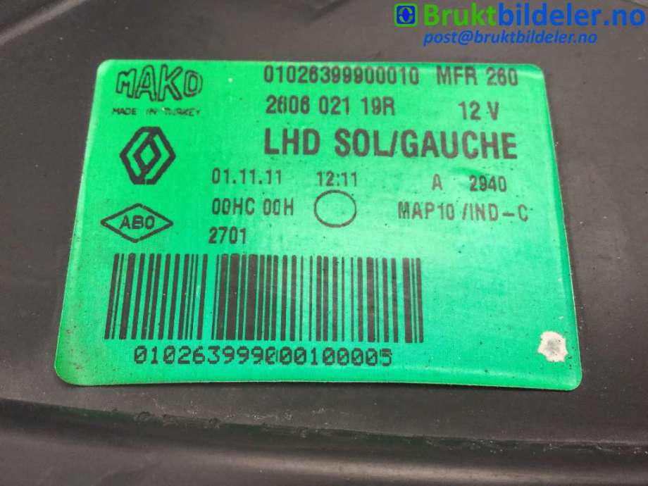 Frontlykt venstre halogen til Renault Fluence Z.E 2011-2014 (RENAULT||01026399900010|2606 021 19R)