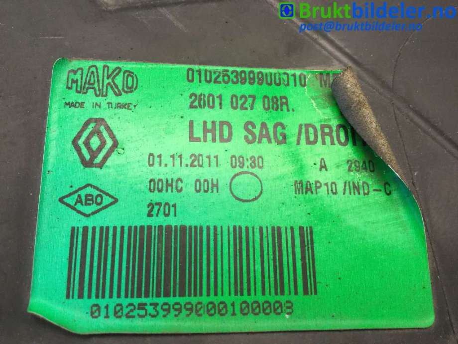 Frontlykt høyre halogen til Renault Fluence Z.E 2011-2014  (RENAULT||01025399900010|2601 027 08R)