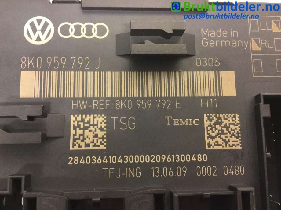 Styreenhet dør venstre foran til Audi A4 2007-2014 (Type IV) (B8) (B8) (AUDI|8K0 959 792 J|)