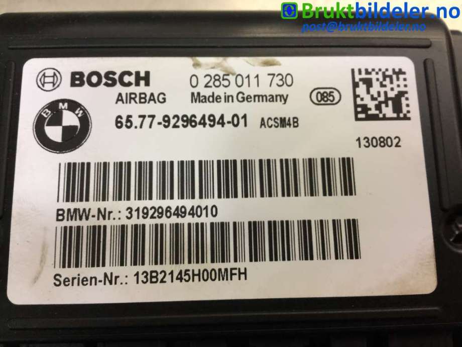 Airbag elektronikk til BMW 3-Serie 2012-2018 (F30/F31/F34) (F30/F31/F34) (BMW|65 77 9 296 494-01|0 285 011 730|)