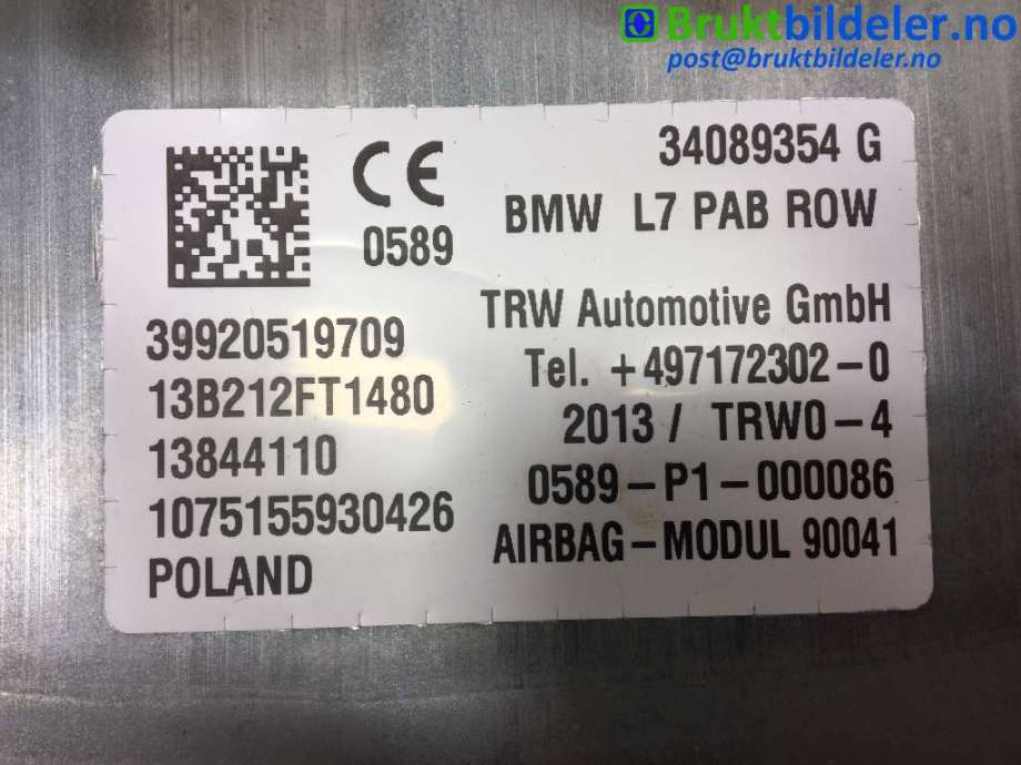 Airbag passasjer til BMW 3-Serie 2012-2018 (F30/F31/F34) (F30/F31/F34) (BMW|39 92 0 519 709|34089354G|)
