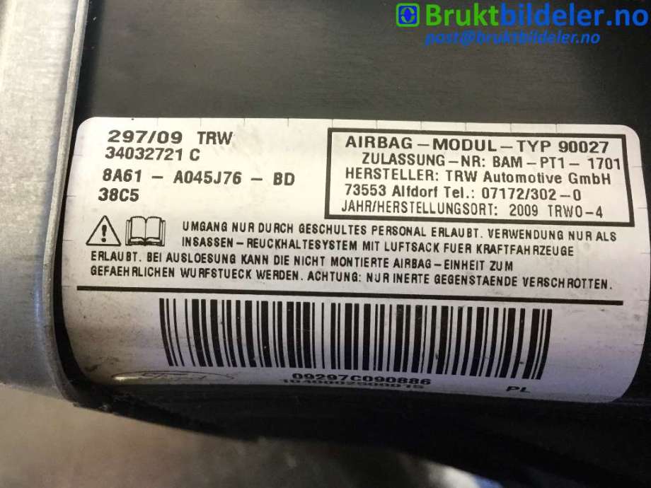 Airbag kne til Ford Fiesta 2008-2012 (Type VI, Fase 1)  (FORD|8A61A045J76BD|34032721C|)