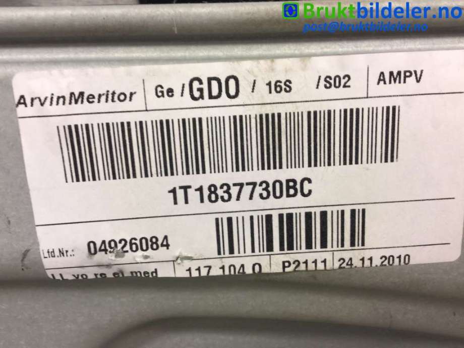 Ruteheis til VW Touran 2010-2015 (Type I, Fase 3)  (VOLKSWAGEN|1T1 837 730 BC|)