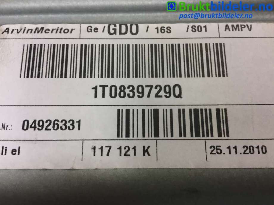 Ruteheis til VW Touran 2010-2015 (Type I, Fase 3)  (VOLKSWAGEN|1T0 839 729 Q|)