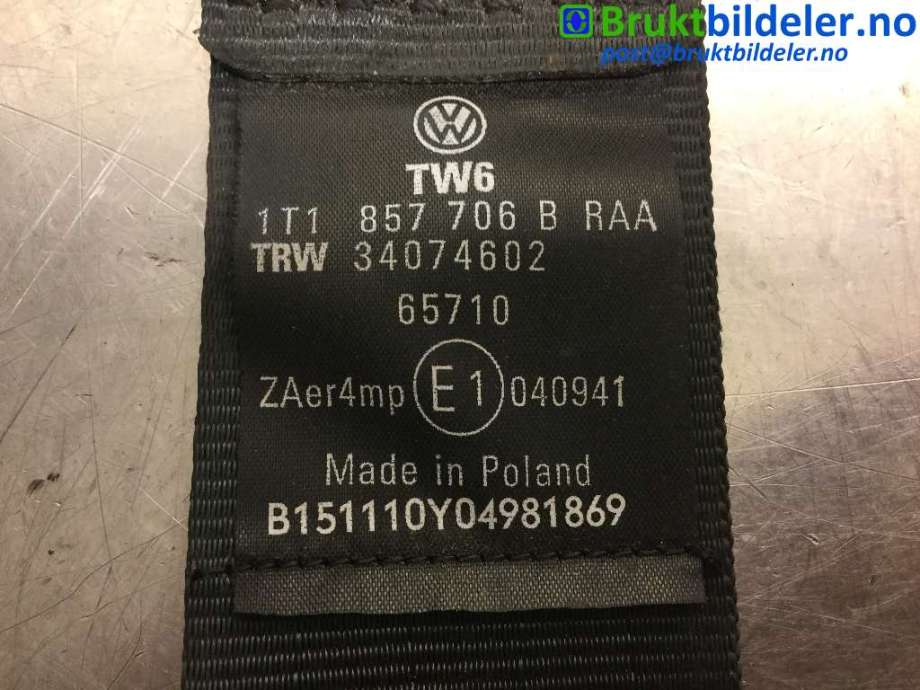 Sikkerhetsbelte foran høyre til VW Touran 2010-2015 (Type I, Fase 3)  (VOLKSWAGEN|1T1857706B|34074602|)