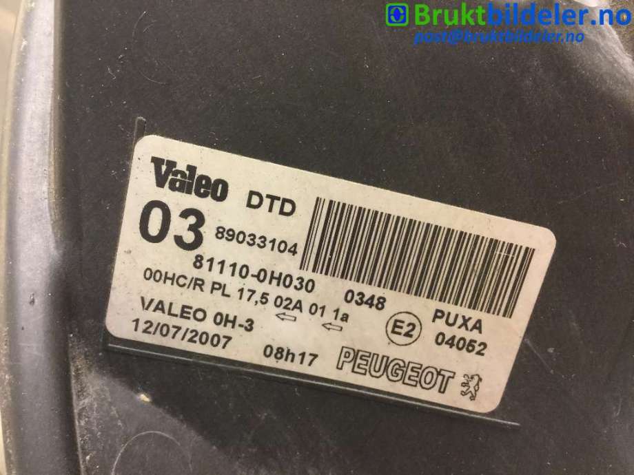 Frontlykt høyre halogen til Peugeot 107 2006-2014  (PEUGEOT|81110-OHO30|89033104|)