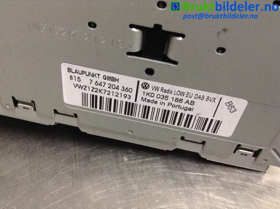 Bilstereo til VW Touran 2010-2015 (Type I, Fase 3)  (VOLKSWAGEN|1K0 035 186 AB|7647204360|)