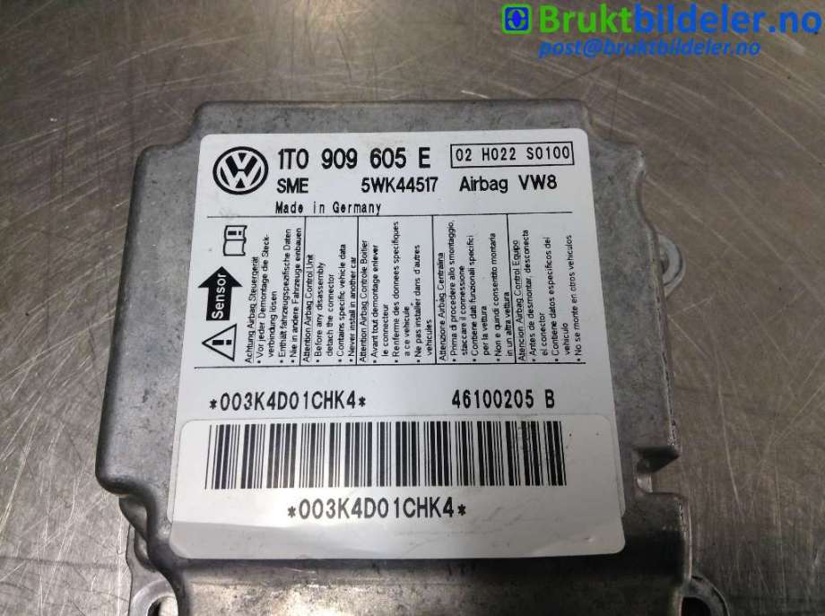 Airbag elektronikk til VW Touran 2010-2015 (Type I, Fase 3) (VOLKSWAGEN|1T0 909 605 E|5WK44517|)
