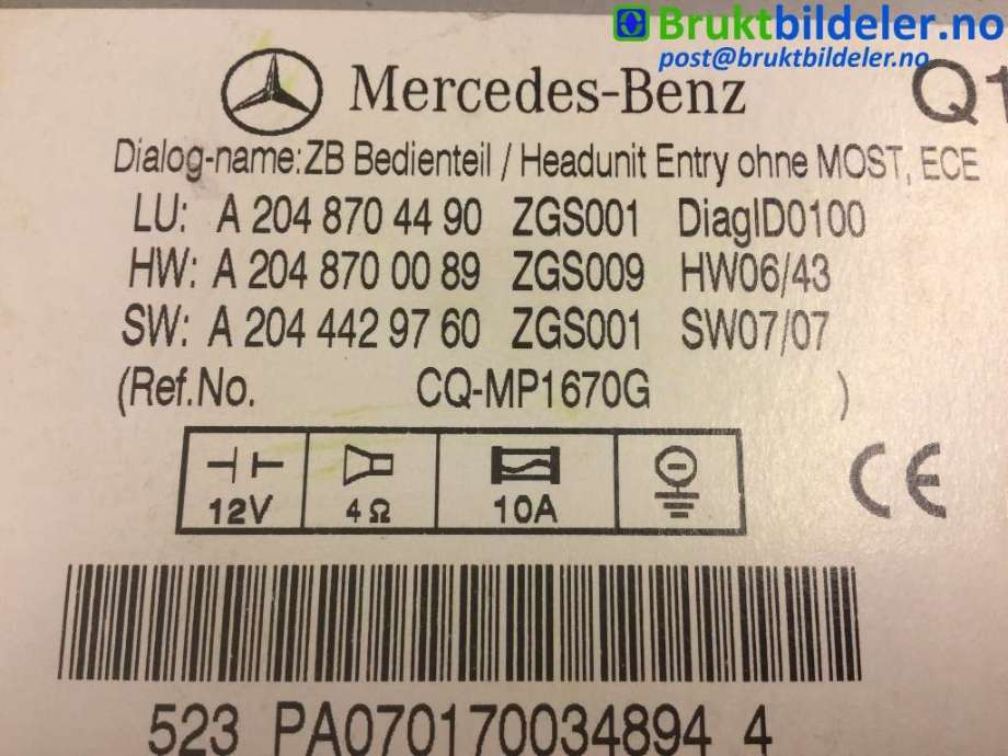 Bilstereo til Mercedes C-Klasse 2007-2011 (Fase 1) (W204) (W204) (MERCEDES|A 204 870 44 90|)
