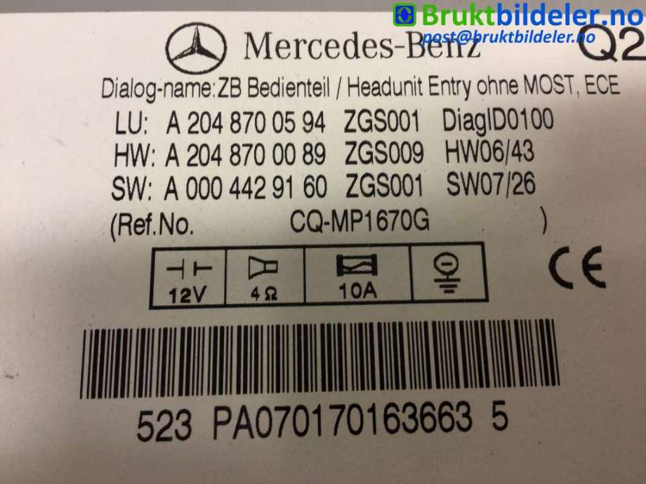 Bilstereo til Mercedes C-Klasse 2007-2011 (Fase 1) (W204) (W204) (MERCEDES|A 204 870 05 94|)