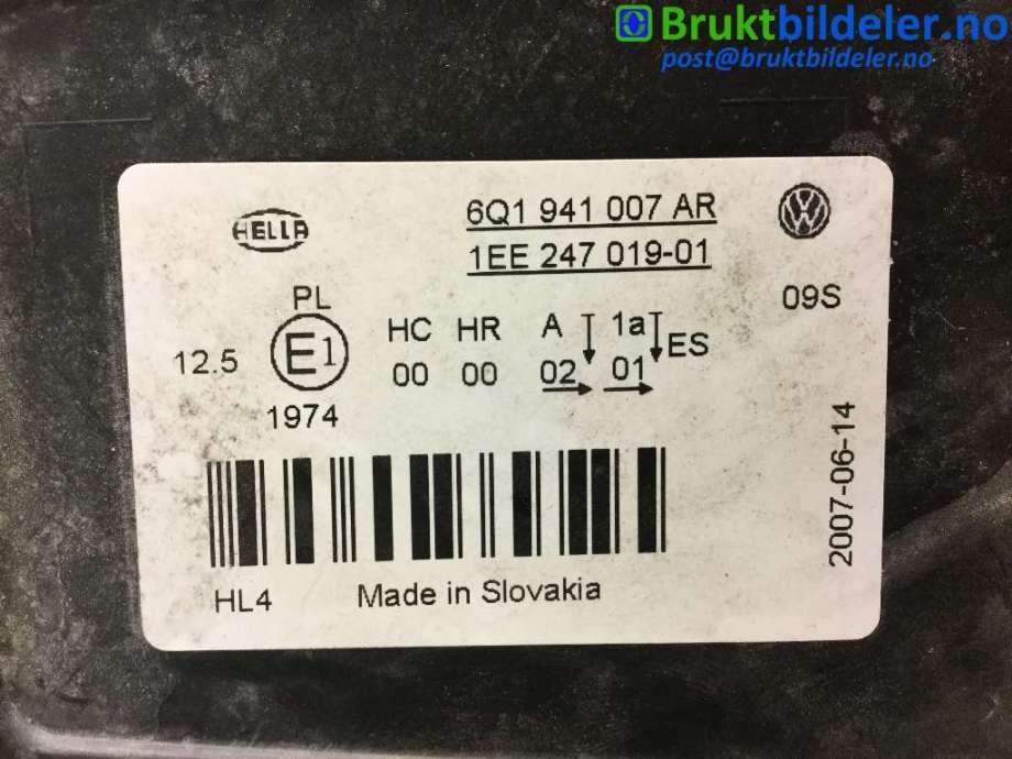 Frontlykt venstre halogen til VW Polo 2005-2009 (Type IV, Fase 2)  (VOLKSWAGEN|6Q1 941 007 AR|1EE247019-01|)